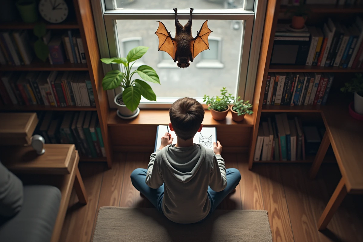 Adolescent dessinant une chauve-souris dans sa chambre