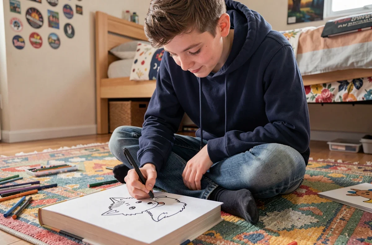 Adolescent traçant un dessin de loup au feutre noir sur une feuille blanche posée sur un livre