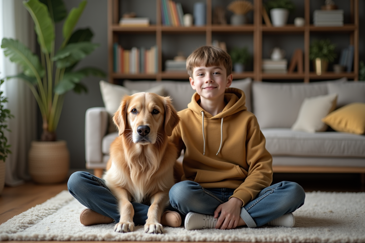 Adolescent avec son chien golden retriever à la maison