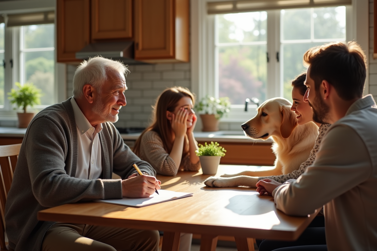 Homme âgé signant papiers d adoption avec couple et chien