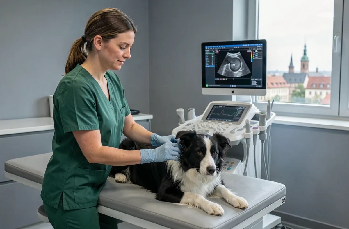 Agoravet Clinique Vétérinaire à Strasbourg : vétérinaire réalisant une échographie sur un Border Collie