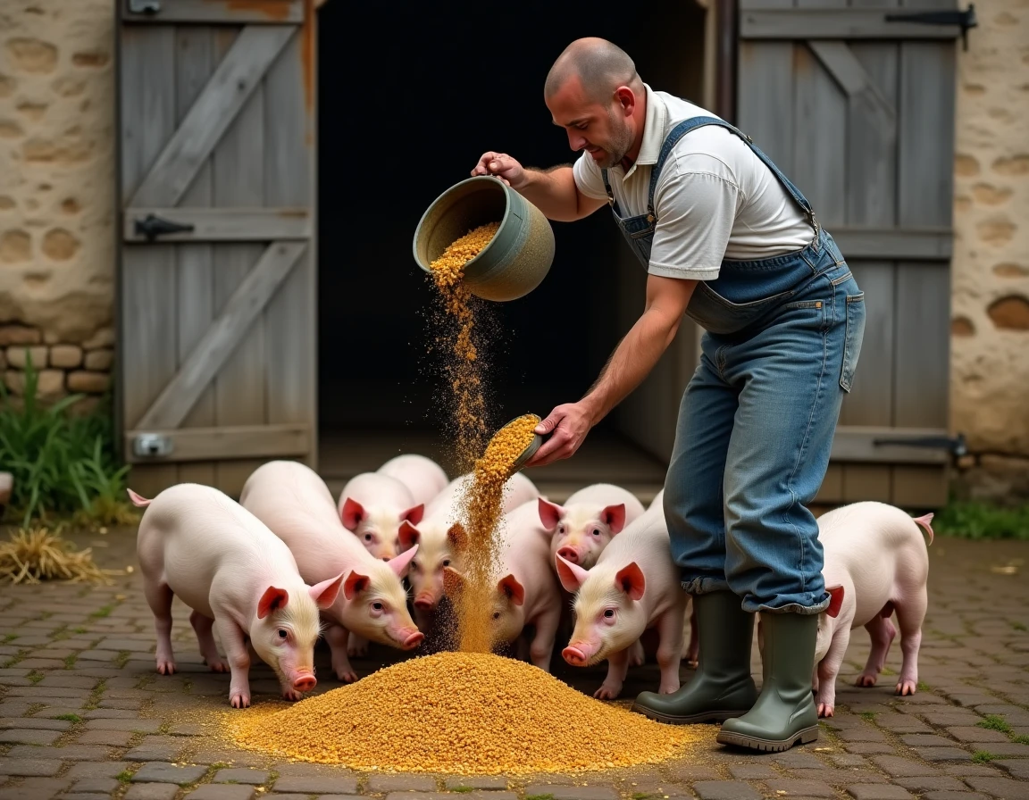 Agriculteur nourrissant ses cochons dans une ferme traditionnelle avec un mélange de maïs, légumes racines et céréales fermentées
