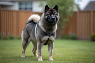 Akita Inu bringé bleu adulte debout dans un jardin, montrant sa silhouette musclée et son pelage dense aux reflets ardoise