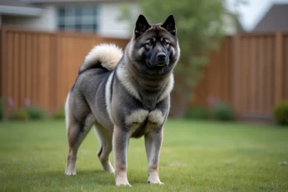 Akita Inu bringé bleu adulte debout dans un jardin, montrant sa silhouette musclée et son pelage dense aux reflets ardoise