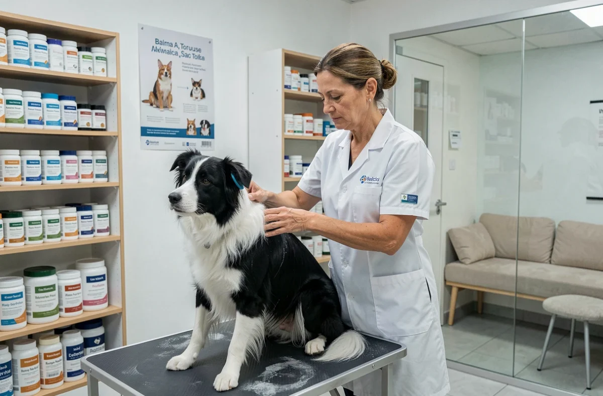 Professionnelle d'Animal Protect à Balma appliquant un soin conditionneur sur un border collie lors d'une séance de toilettage