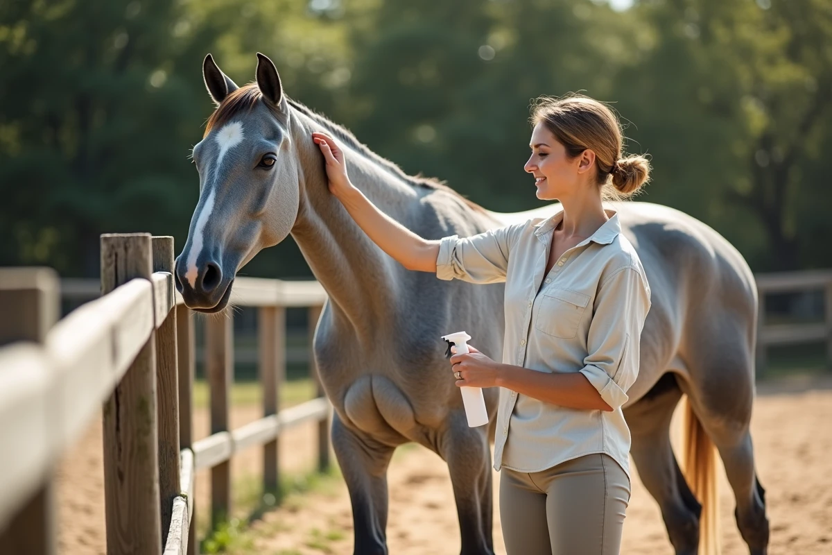 Propriétaire appliquant un spray répulsif anti-mouches sur un cheval gris dans un paddock en sable