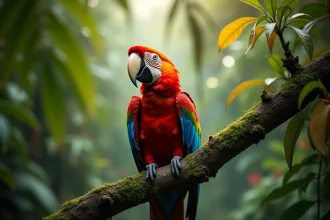 Ara rouge perché sur une branche moussue dans la canopée d'une forêt tropicale dense