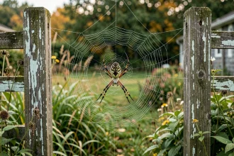 Araignée de jardin Araneus diadematus au centre de sa toile couverte de rosée entre deux poteaux en bois dans un jardin naturel