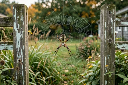 Araignée de jardin Araneus diadematus au centre de sa toile couverte de rosée entre deux poteaux en bois dans un jardin naturel