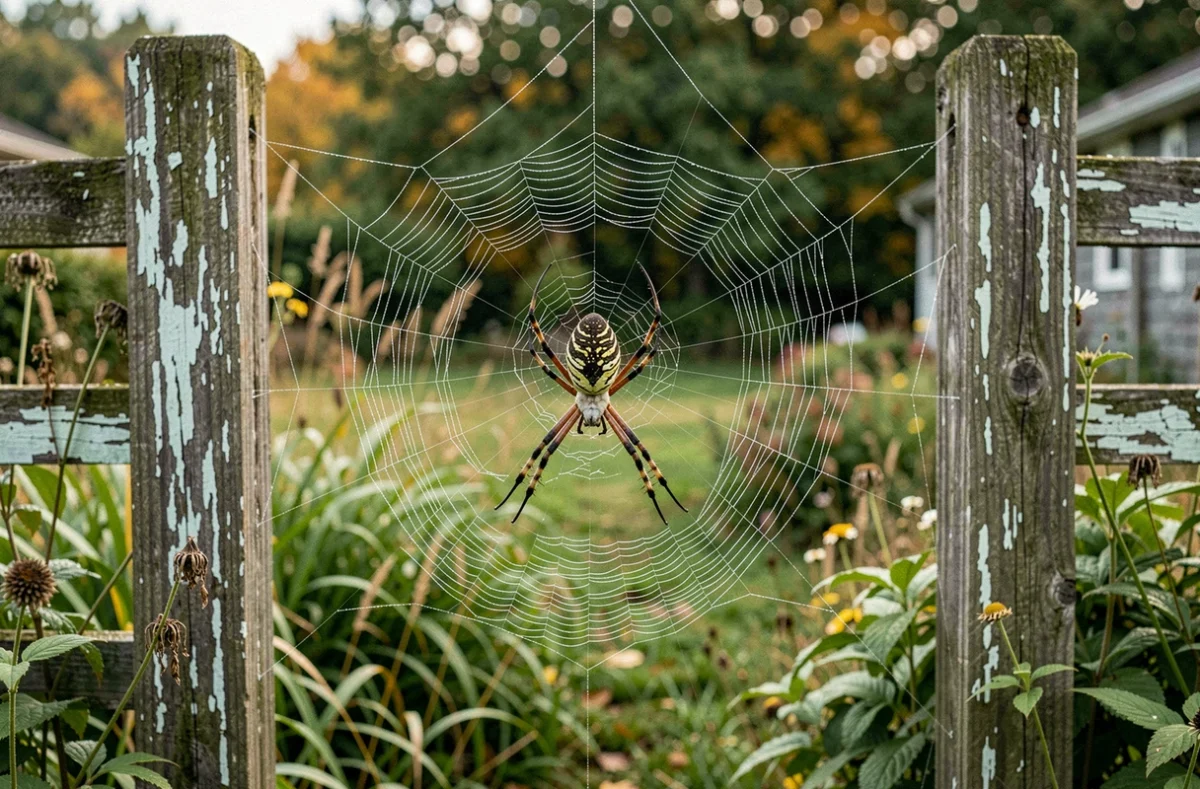 Araignée de jardin Araneus diadematus au centre de sa toile couverte de rosée entre deux poteaux en bois dans un jardin naturel