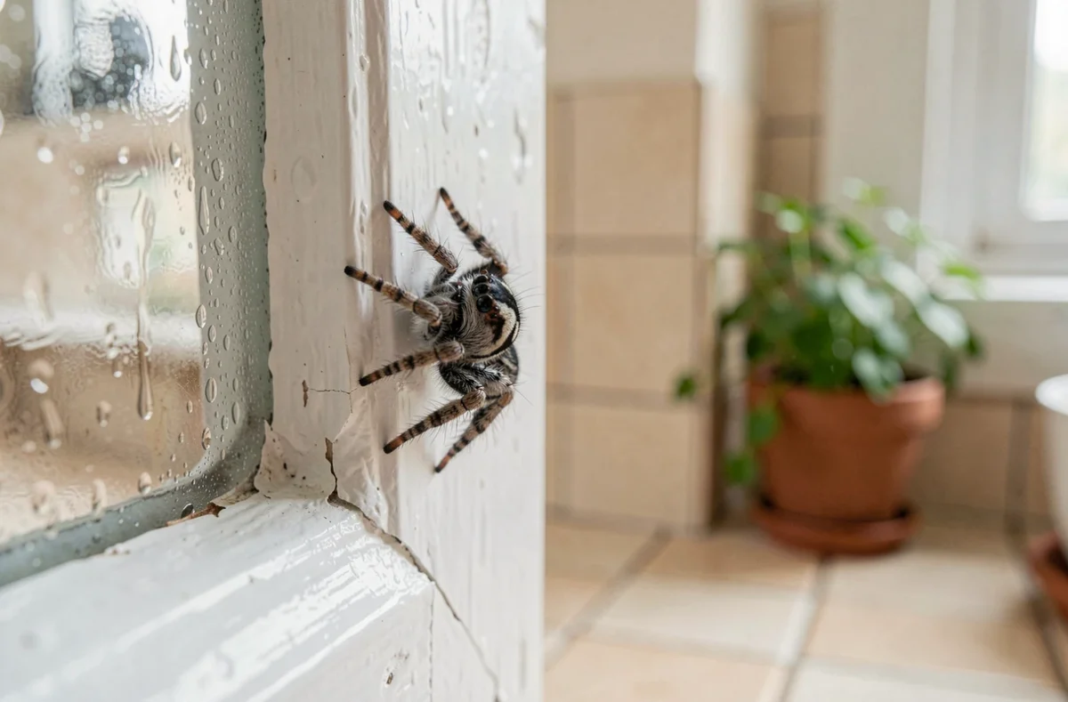 Araignée sauteuse Salticus scenicus accrochée au cadre d'une fenêtre en bois blanc dans une cuisine domestique avec vue sur le rebord
