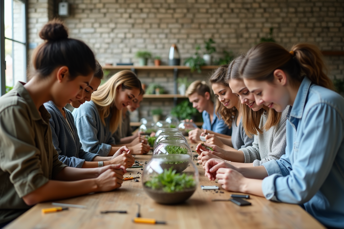 Groupe d adultes et adolescents fabriquant des terrariums