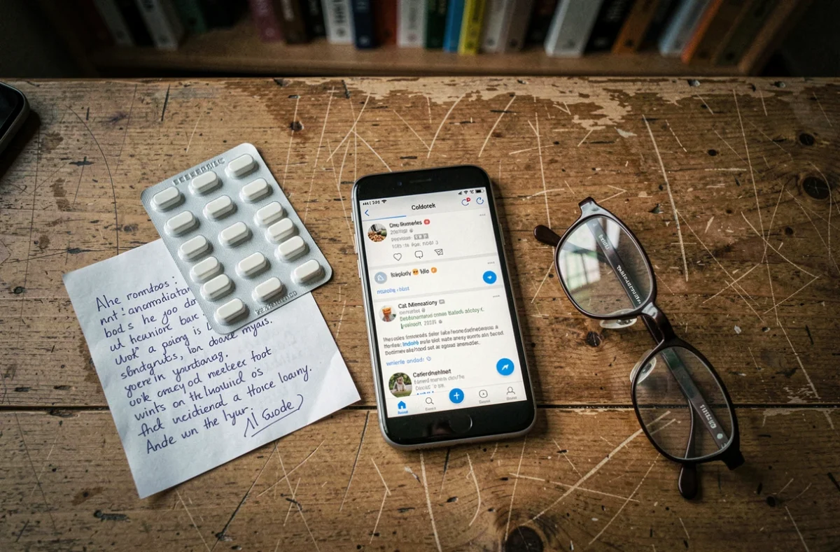 Vue en plongée d'un bureau avec des médicaments anti-inflammatoires, un smartphone montrant des recherches sur le Métacam pour chats et des notes manuscrites, illustrant le danger de l'automédication animale