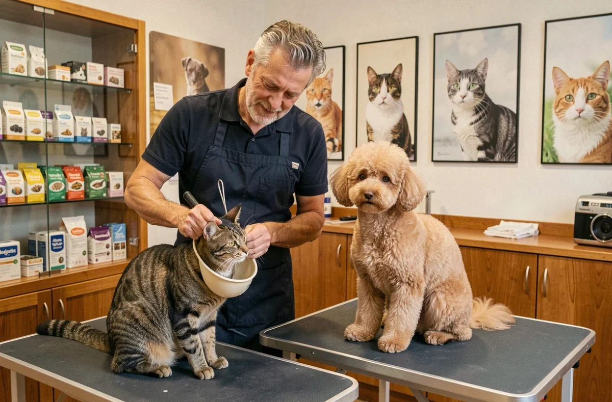 Toiletteur du salon Aux 6 Os d'Or à Toulouse préparant simultanément un chat tigré et un caniche