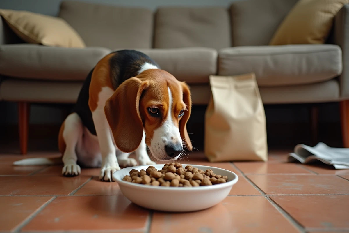 Beagle adulte reniflant avec méfiance des croquettes de mauvaise qualité dans une gamelle en céramique