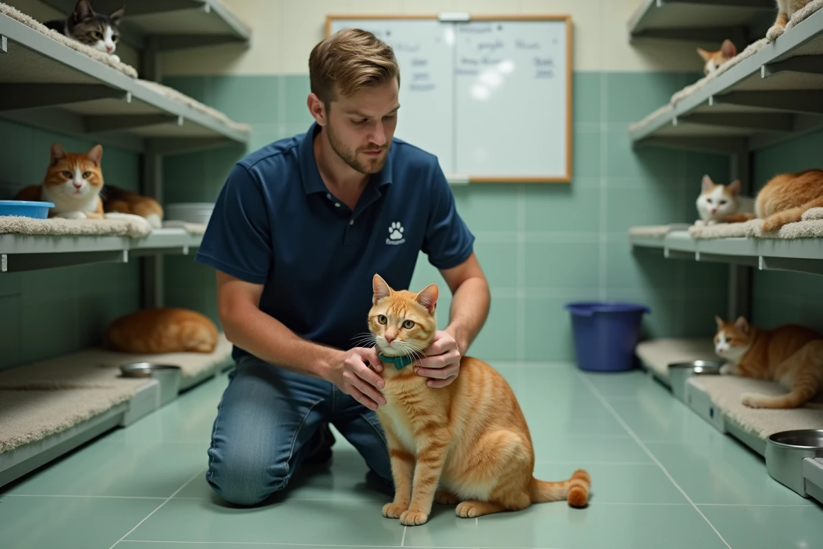 Bénévole d'association féline vérifiant l'identification d'un chat confié pour adoption responsable