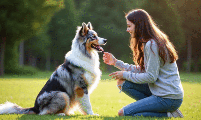 Chien berger australien bleu merle assis dans l'herbe avec une jeune femme