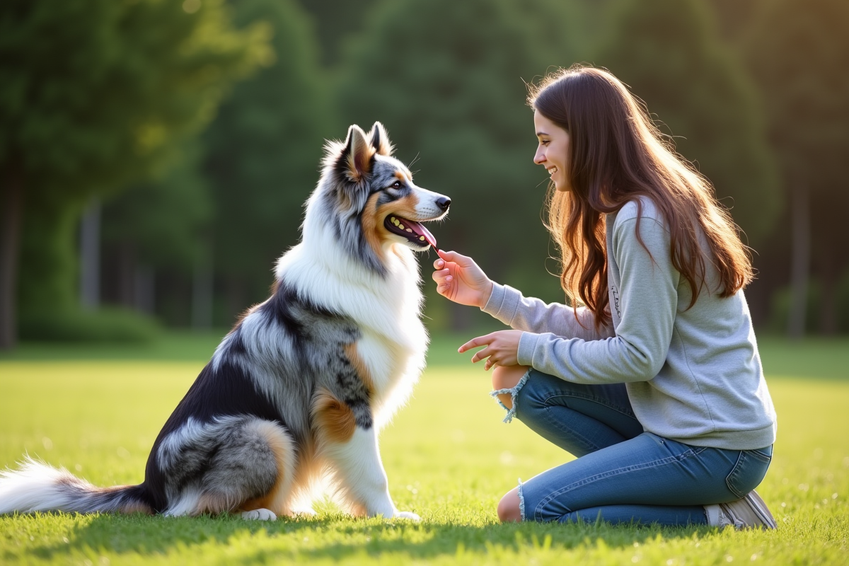 Chien berger australien bleu merle assis dans l'herbe avec une jeune femme