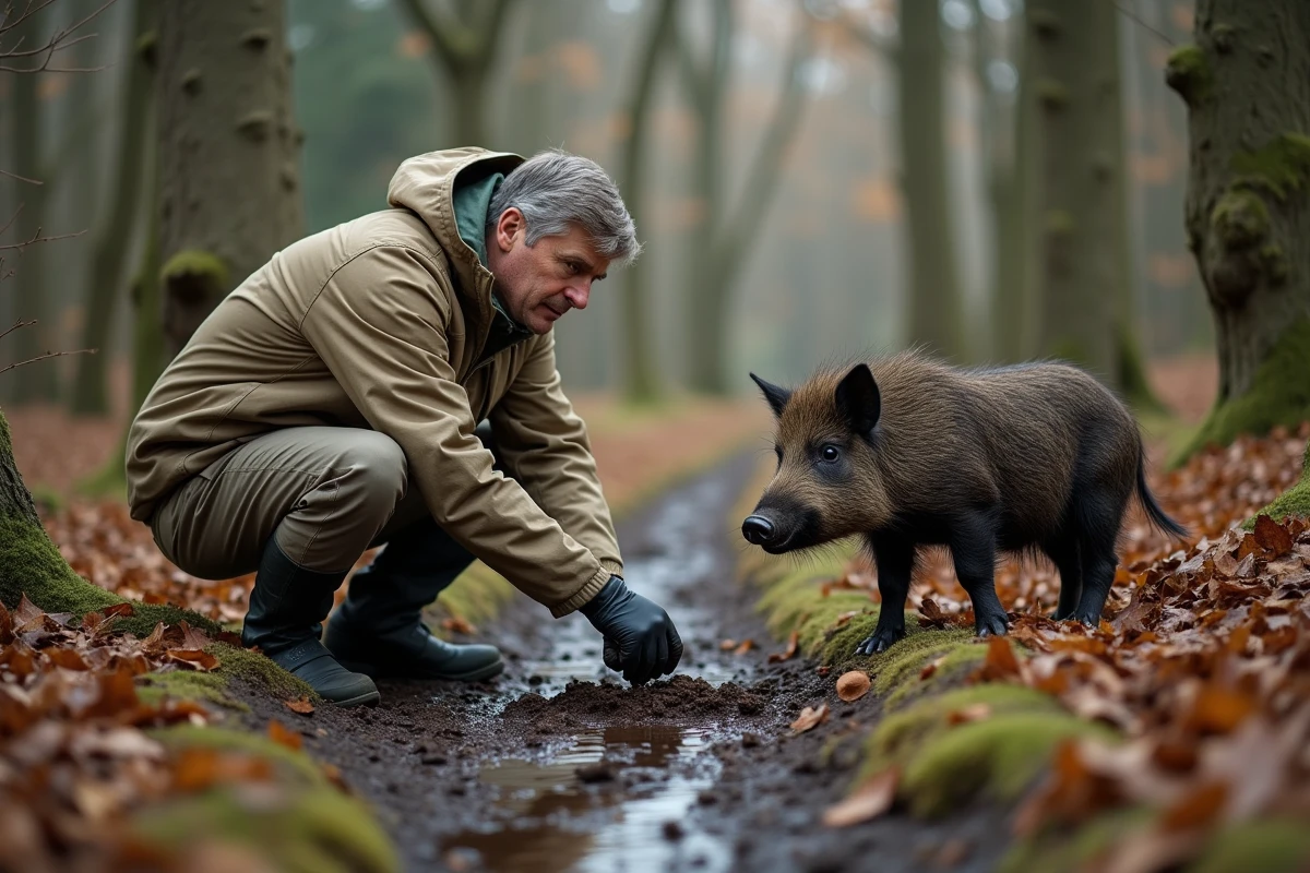Biologiste de terrain analysant des crottes de sanglier dans une clairière forestière en automne