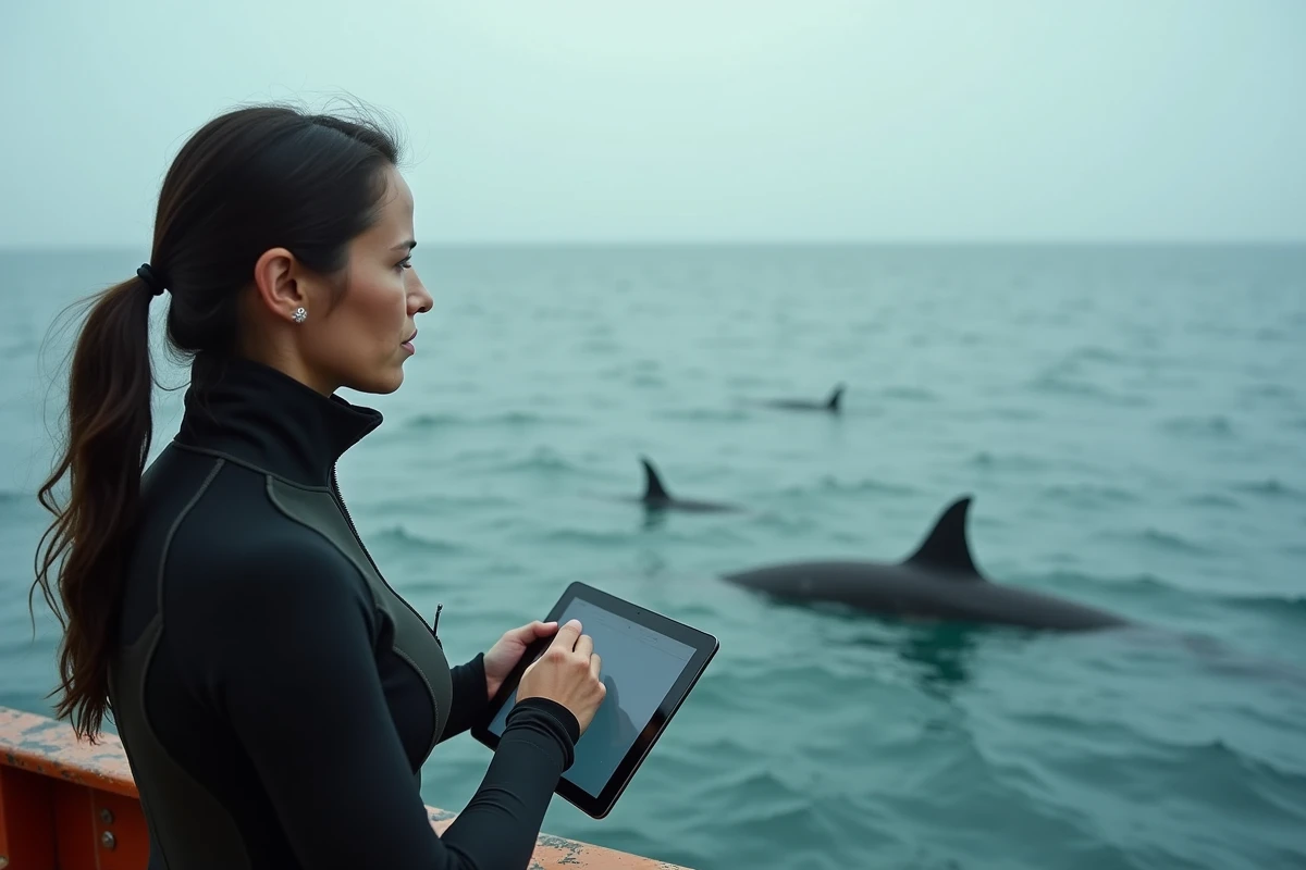 Biologiste marine observant des marsouins vaquita, espèce la plus rare au monde, depuis un navire de recherche en mer du Pacifique