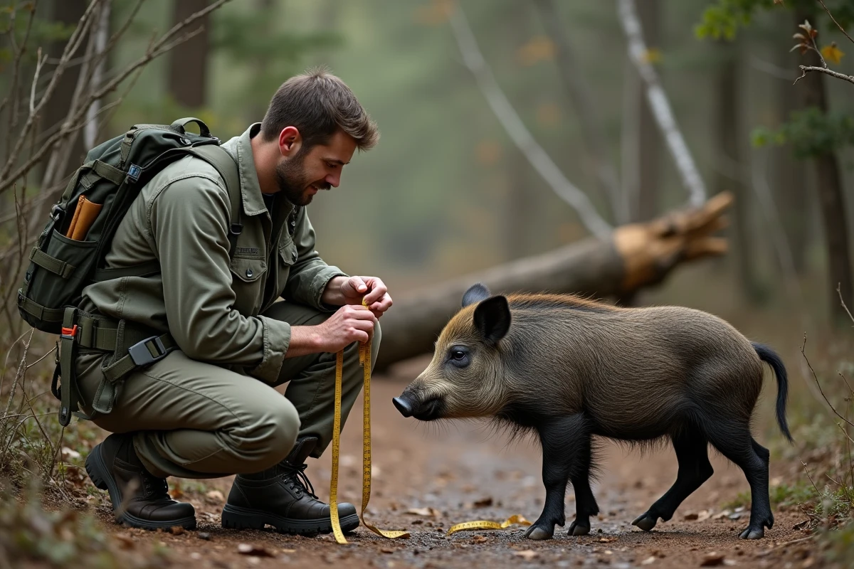 Biologiste mesurant un jeune sanglier en forêt