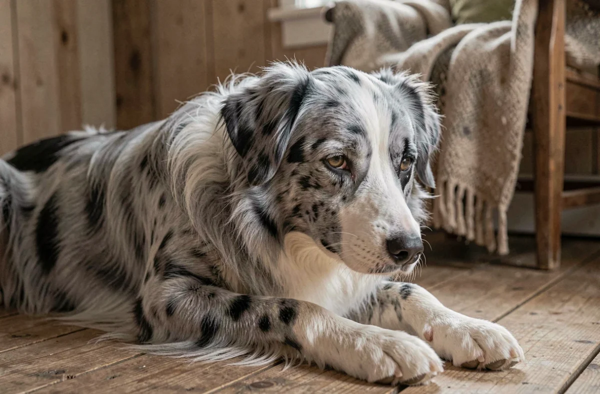 Border Collie bleu merle allongé sur un parquet en bois dans un intérieur rustique, montrant les détails de la robe merle en gros plan