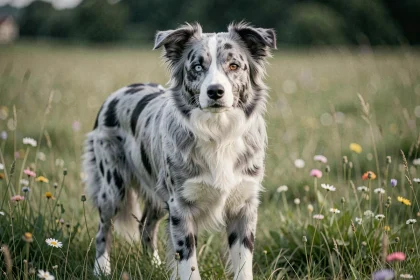 Border Collie bleu merle aux yeux vairons debout dans une prairie, illustrant la robe merle caractéristique avec ses marbrures grises et noires