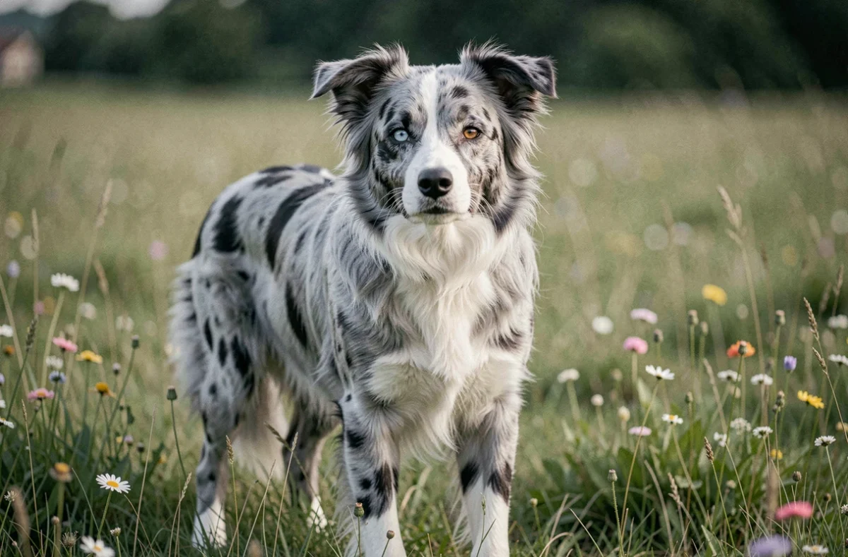 Border Collie bleu merle aux yeux vairons debout dans une prairie, illustrant la robe merle caractéristique avec ses marbrures grises et noires