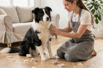 Jeune femme brossant un Border Collie poil ras avec un gant de toilette en caoutchouc, poils de mue visibles sur le parquet
