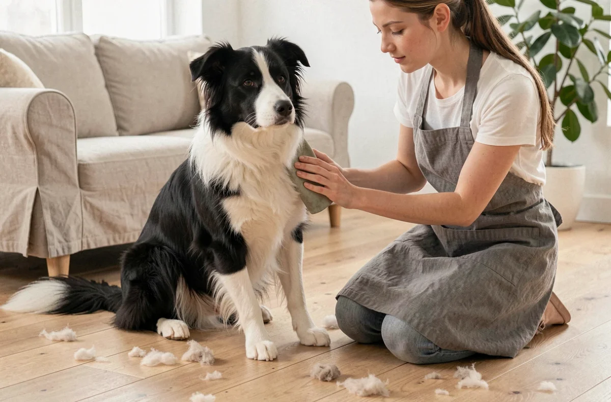 Jeune femme brossant un Border Collie poil ras avec un gant de toilette en caoutchouc, poils de mue visibles sur le parquet
