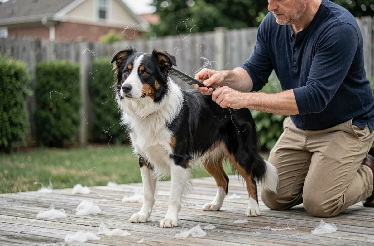 Homme utilisant un peigne déshedding sur un Border Collie poil ras en extérieur, poils volant dans l'air pendant la mue