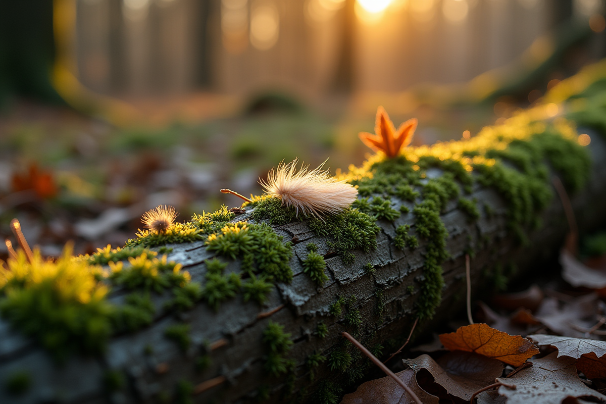 Roche couverte de mousse et de rosée au matin en forêt