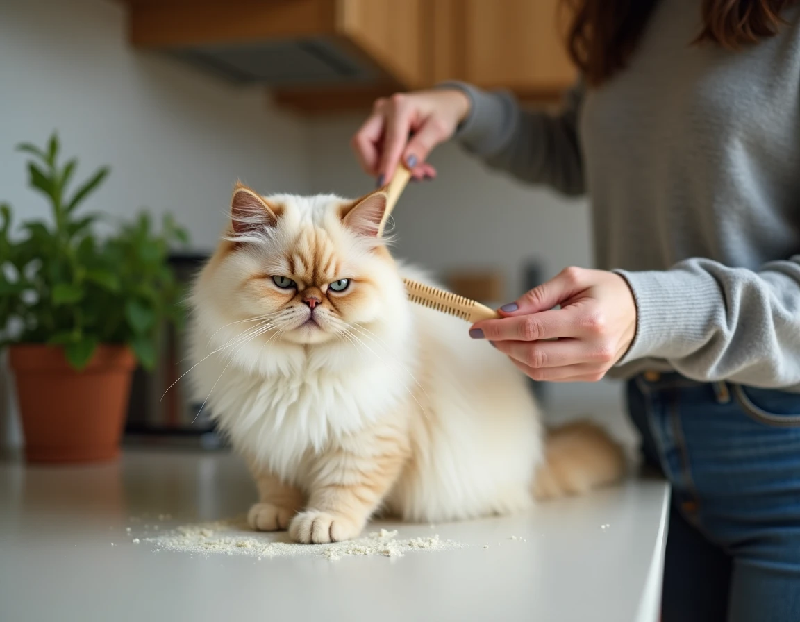 Femme brossant un chat persan blanc aux longs poils dans une cuisine, avec des touffes de poils accumulées sur le peigne de toilettage