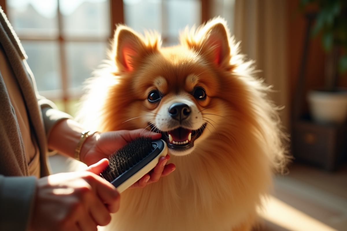 Gros plan d un Spitz brossé à l intérieur en lumière naturelle