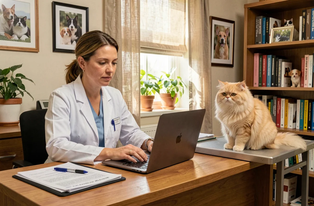 Cabinet Vétérinaire Cécile Hervé-Bazin à Strasbourg : vétérinaire à son bureau avec un chat persan en consultation