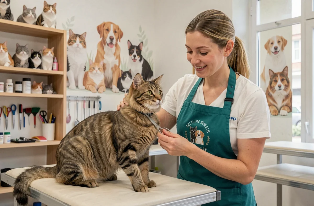 Toiletteuse du salon Cani'Cat à Toulouse taillant le pelage d'un chat domestique avec des ciseaux professionnels