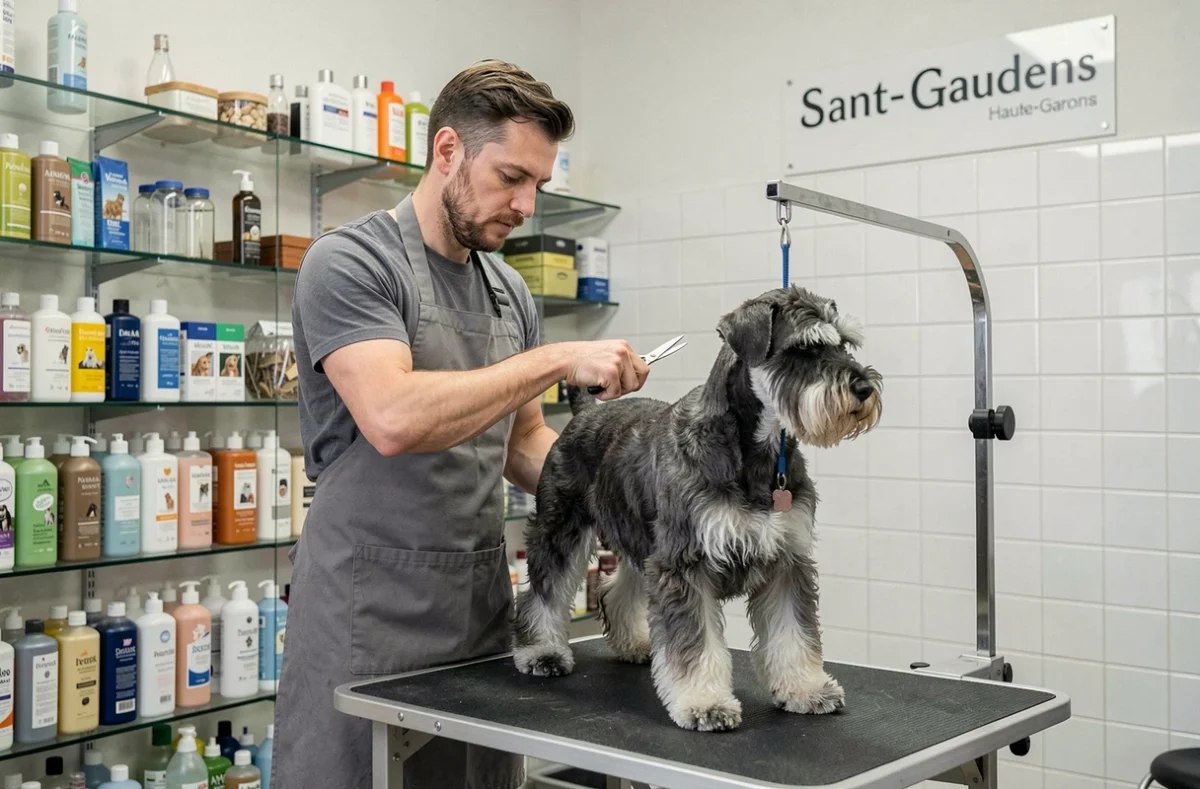 Toiletteur du salon Canin Boutique à Saint-Gaudens taillant le pelage d'un schnauzer standard sur une table de toilettage