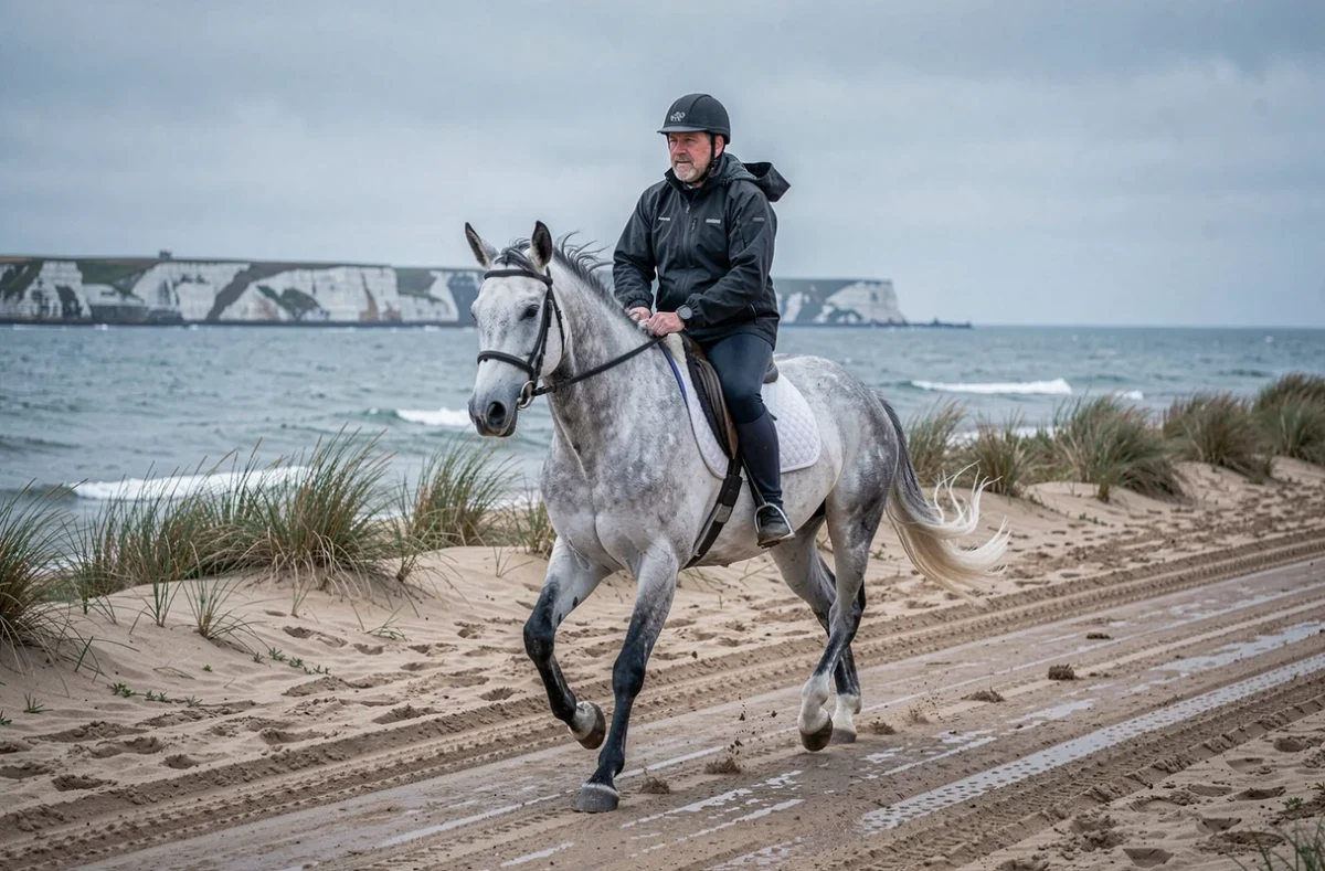Cavalier sur cheval gris trottant sur une piste côtière près de Blonville-sur-Mer en Normandie