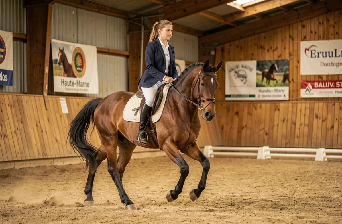 Jeune cavalière en tenue de dressage s'entraînant sur un cheval bai au Centre Équestre du Parc à Châteauvillain, Haute-Marne