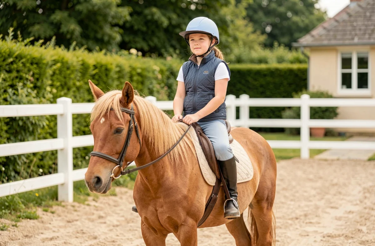 Jeune cavalière sur poney isabelle dans l'arène extérieure du Centre Equestre La Tanière en Normandie