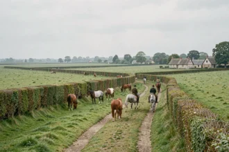 Paysage équestre normand avec chevaux et cavaliers dans les prairies vallonnées de Normandie