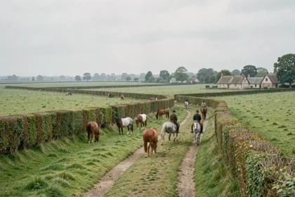 Paysage équestre normand avec chevaux et cavaliers dans les prairies vallonnées de Normandie