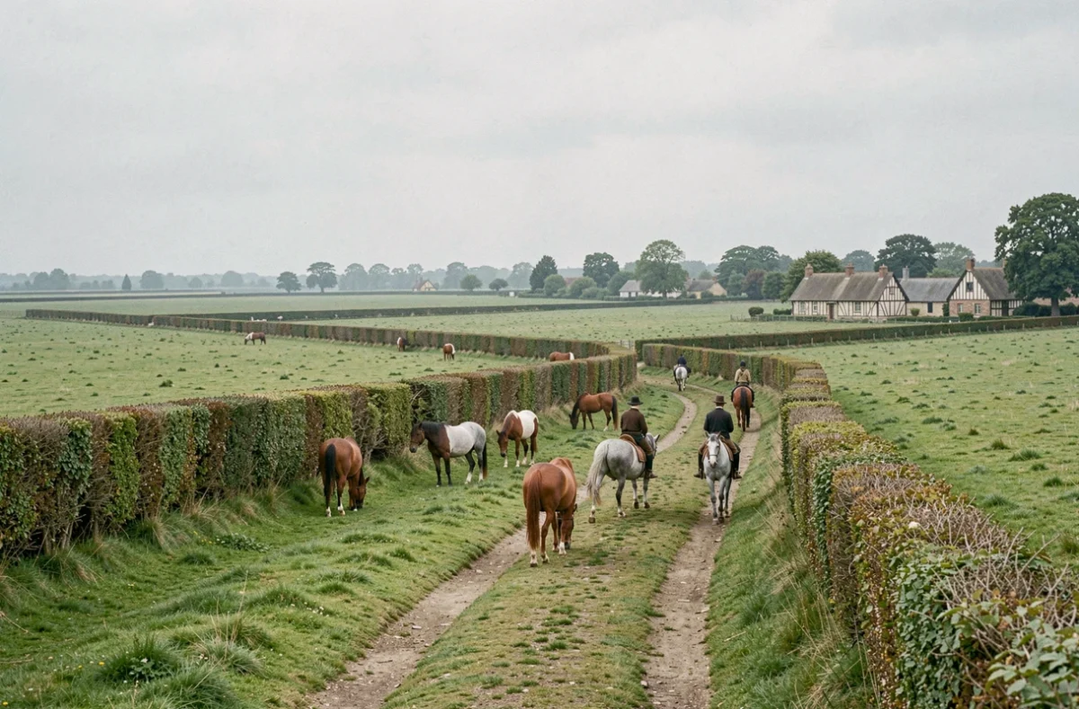 Paysage équestre normand avec chevaux et cavaliers dans les prairies vallonnées de Normandie