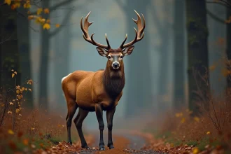 Cerf élaphe mâle adulte avec de grands bois en forêt européenne en automne