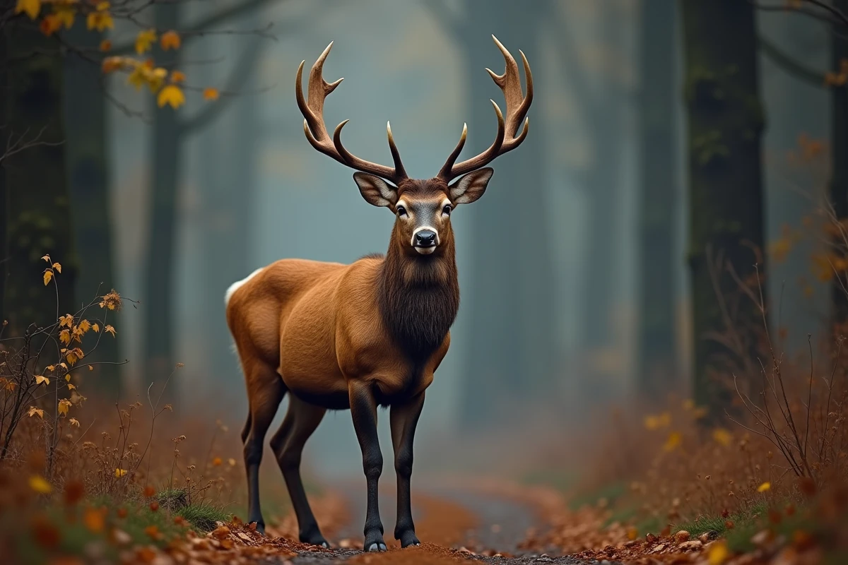 Cerf élaphe mâle adulte avec de grands bois en forêt européenne en automne