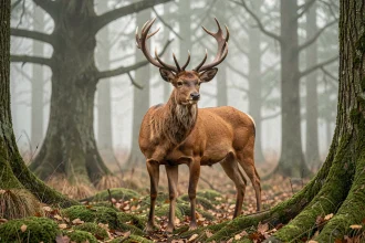 Cerf majestueux à l'orée d'une forêt brumeuse, symbole de force spirituelle et de traversée des épreuves