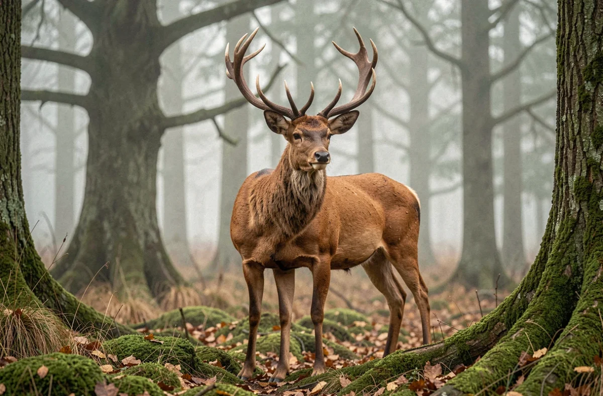 Cerf majestueux à l'orée d'une forêt brumeuse, symbole de force spirituelle et de traversée des épreuves