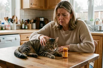 Femme inquiète observant son chat allongé sur une table de cuisine à côté d'un flacon de médicament, illustrant les risques de l'automédication chez le chat