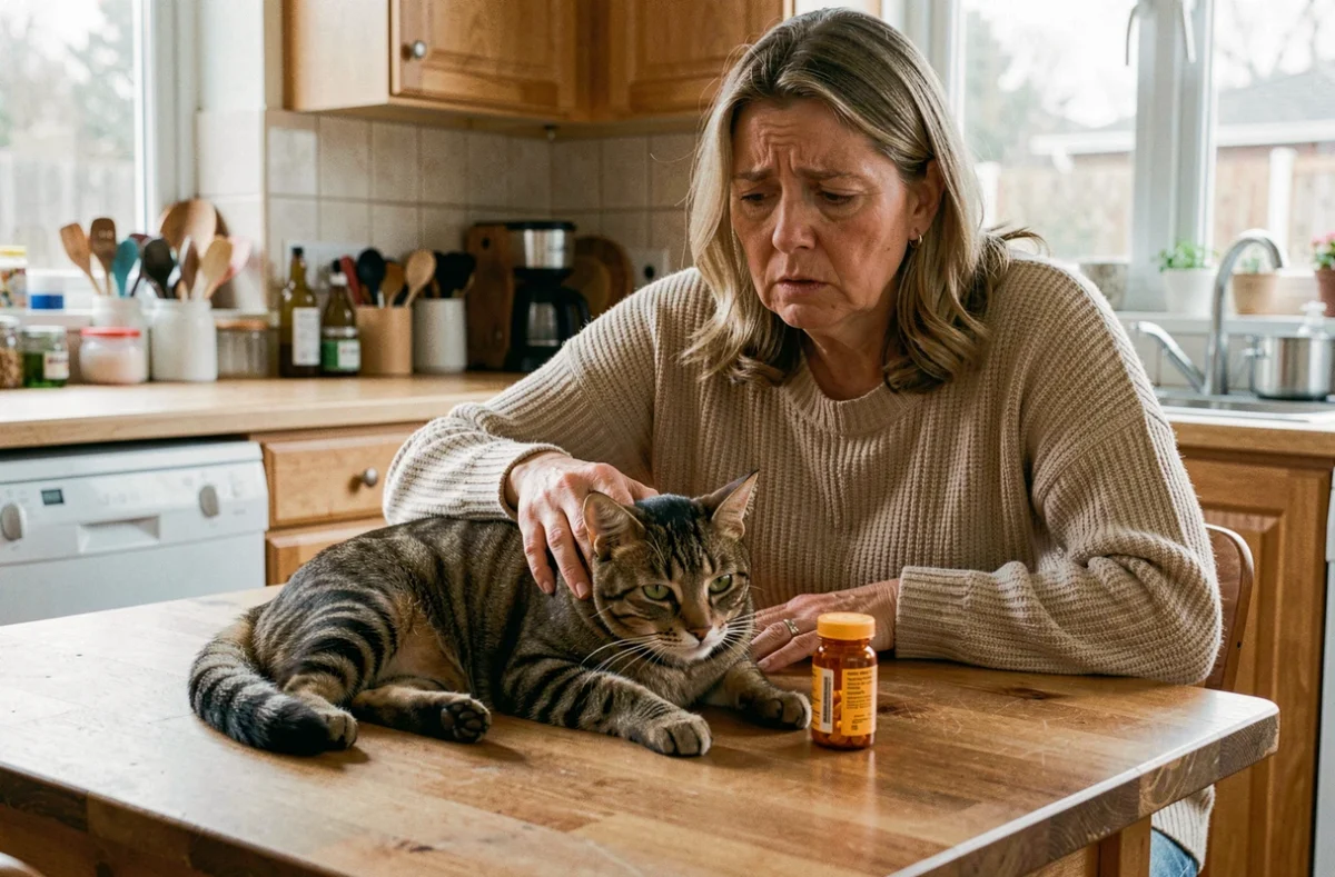 Femme inquiète observant son chat allongé sur une table de cuisine à côté d'un flacon de médicament, illustrant les risques de l'automédication chez le chat