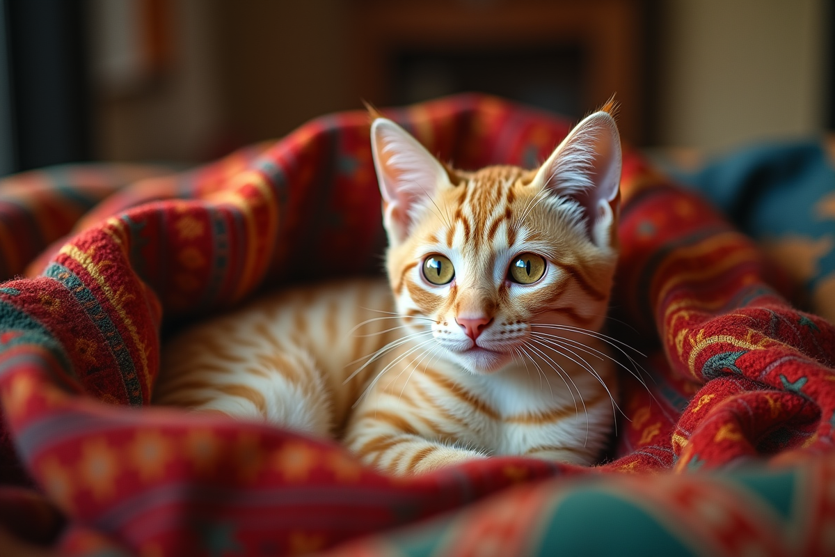Chat beige parmi des tissus colorés à l